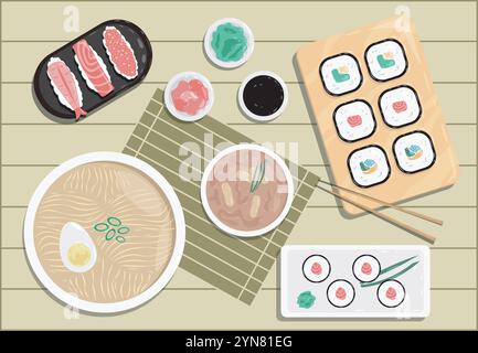 Japanisches Abendessen mit Blick von oben. Schüsseln mit Nudeln, Meeresfrüchten sowie Sushi und Brötchen. Dessert und Delikatesse. Traditionelle asiatische Küche. Lachs und Thunfisch, Garnelen Stock Vektor