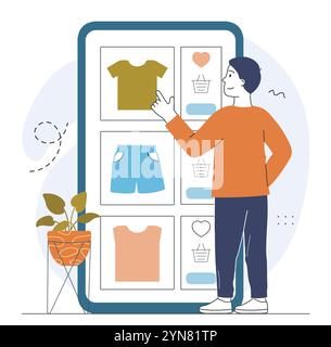 Mann mit Online-Wunschliste. Der Junge kauft Kleidung im Internet. Online-Shopping und elektronischer Geschäftsverkehr. Bargeldlose Überweisungen und Transaktionen. Linear Stock Vektor