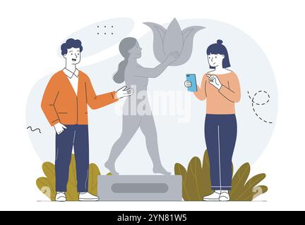 Die Leute machen Fotos mit der Statue. Mann und Frau mit Smartphone in der Nähe einer Steinstatue. Kultur und Architektur, Geschichte. Touristen in der Nähe eines Wahrzeichens. Linear Stock Vektor
