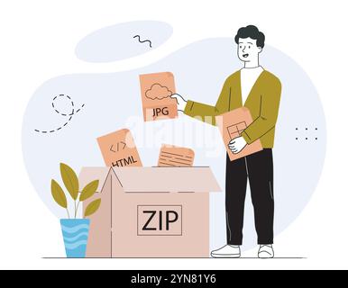 Mann mit ZIP-Dateien. Junger Kerl mit Bildern und Bildern im Ordner. Electroonic Archiv mit Datenbank und Informationen. Komprimierung und Archivierung. Linear Stock Vektor