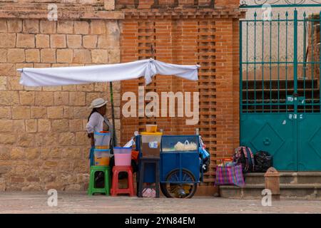 Ein Straßenverkäufer mit einem mobilen Wagen und farbenfrohen Vorräten steht vor einer Ziegelmauer in Sucre, Bolivien. Stockfoto