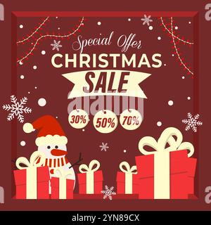 Weihnachtsangebot im Werbedesign mit Geschenken und Schneemann. Vektorabbildung Stock Vektor