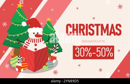 Weihnachtsbanner mit Schneemännern und dekorierten Bäumen. Vektorabbildung Stock Vektor