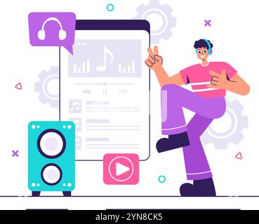 MP3-Player-Vektor-Illustration mit musikalischen Notationen, Kopfhörern, Headset und mobilen App-Geräten für Musikhören auf einem flachen Hintergrund Stock Vektor