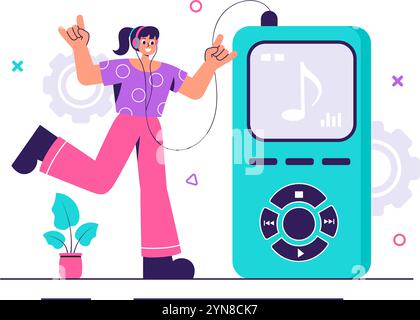 MP3-Player-Vektor-Illustration mit musikalischen Notationen, Kopfhörern, Headset und mobilen App-Geräten für Musikhören auf einem flachen Hintergrund Stock Vektor