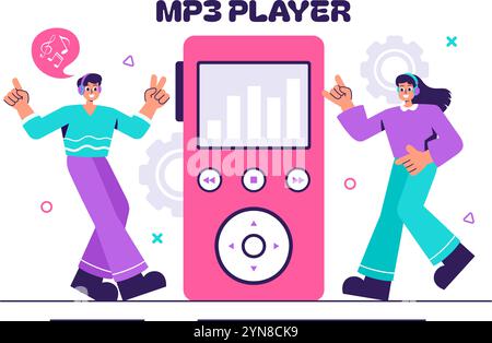 MP3-Player-Vektor-Illustration mit musikalischen Notationen, Kopfhörern, Headset und mobilen App-Geräten für Musikhören auf einem flachen Hintergrund Stock Vektor