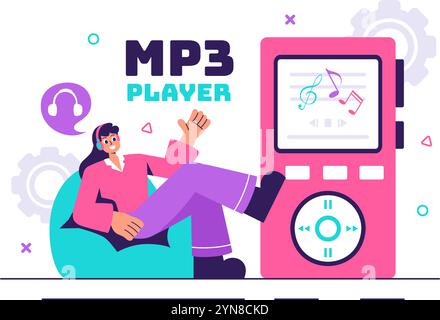 MP3-Player-Vektor-Illustration mit musikalischen Notationen, Kopfhörern, Headset und mobilen App-Geräten für Musikhören auf einem flachen Hintergrund Stock Vektor