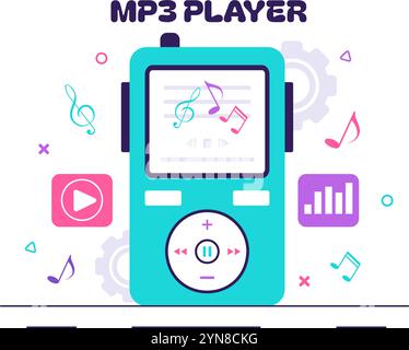 MP3-Player-Vektor-Illustration mit musikalischen Notationen, Kopfhörern, Headset und mobilen App-Geräten für Musikhören auf einem flachen Hintergrund Stock Vektor