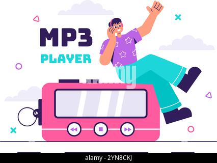 MP3-Player-Vektor-Illustration mit musikalischen Notationen, Kopfhörern, Headset und mobilen App-Geräten für Musikhören auf einem flachen Hintergrund Stock Vektor