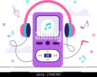 MP3-Player-Vektor-Illustration mit musikalischen Notationen, Kopfhörern, Headset und mobilen App-Geräten für Musikhören auf einem flachen Hintergrund Stock Vektor