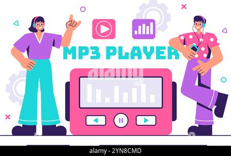MP3-Player-Vektor-Illustration mit musikalischen Notationen, Kopfhörern, Headset und mobilen App-Geräten für Musikhören auf einem flachen Hintergrund Stock Vektor
