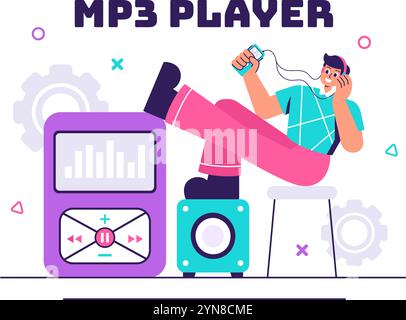 MP3-Player-Vektor-Illustration mit musikalischen Notationen, Kopfhörern, Headset und mobilen App-Geräten für Musikhören auf einem flachen Hintergrund Stock Vektor