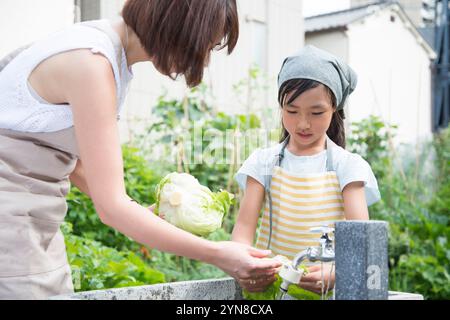 Eltern und Kinder waschen Gemüse Stockfoto