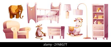 Neugeborenes Kinderzimmer-Innenausstattung mit beigefarbenem Kinderbett, Plüschspielzeug, gemütlichem Sessel, Schrankschublade, Tischlampe, Schaukelpferd und großes Bücherregal mit Babyausstattung. Comic-Elemente für Kleinkinder. Stock Vektor