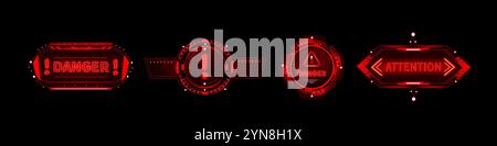 Rot beleuchtete Rahmen mit Warnschildern und Text. Spezielle, technisch gestaltete Designs zeigen Gefahren- und Aufmerksamkeitsmeldungen mit Ausrufezeichen für Warnmeldungen auf der Spieloberfläche oder digitale Benachrichtigungssysteme an. Stock Vektor