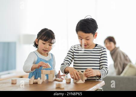 Bruder und Schwester spielen mit Holzblöcken Stockfoto