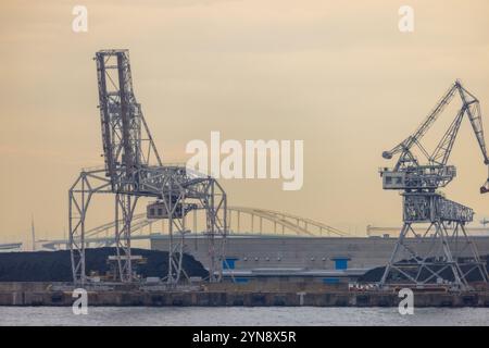 Stahlkrane am Hafen von Osaka mit Brücke im Hintergrund Stockfoto