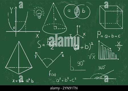 Mathematische Geometrie und Formen auf Tafel Hintergrund. Stellen Sie handgezeichnete Skizzenelemente mit wissenschaftlichen Kritzeleien ein. Theoretische Formel studieren, Berechnungen. Vektorabbildung Stock Vektor