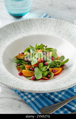 Putschsalat mit Tomaten, Granatapfel und knusprigem Teig, serviert auf einem weißen Porzellanteller Stockfoto