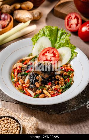 Gebratener Aal mit Tauco oder fermentierter Bohnenpaste ist ein traditionelles indonesisches Essen Stockfoto