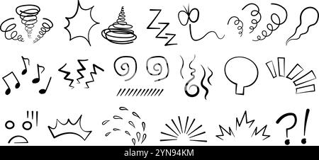 Manga oder Anime Comic Emoticon Element Grafik Effekte Hand gezeichnet Doodle Vektor Illustration Set Stock Vektor