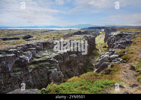 Der Thingvellir-Nationalpark (Pingvellir) ist die kontinentale Wasserscheide Islands zwischen dem Eurasischen Kontinent und dem Nordamerikanischen Kontinent Stockfoto