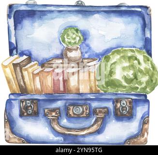 Aquarell handgezeichnete Vintage-Koffer mit Büchern, die in der Topf-Illustration geflochten sind, Reisegepäck Clipart Stockfoto