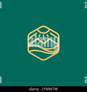 Sechseckige Linie Sun Mountain Sea Logo-Vektor Stock Vektor