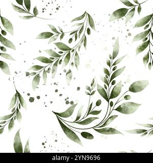 Nahtloses Muster aus grünem Zweig und Spritzer. Die Abbildung ist handgezeichnet in Aquarell. Design für Textilien, Papier und Verpackungen Stockfoto