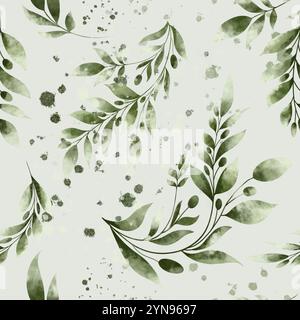 Nahtloses Muster aus grünem Zweig und Spritzer. Die Abbildung ist handgezeichnet in Aquarell. Design für Textilien, Papier und Verpackungen Stockfoto