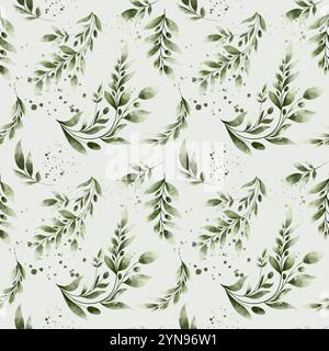 Nahtloses Muster aus grünem Zweig und Spritzer. Die Abbildung ist handgezeichnet in Aquarell. Design für Textilien, Papier und Verpackungen Stockfoto