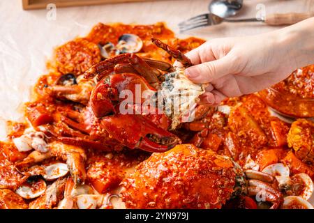 Krabbensauce padang (indonesisches Kepiting Saus Padang). Krabbengericht in heißer und scharfer Padang-Sauce. Stockfoto