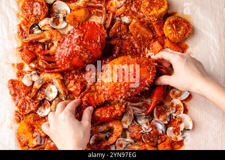 Krabbensauce padang (indonesisches Kepiting Saus Padang). Krabbengericht in heißer und scharfer Padang-Sauce. Stockfoto