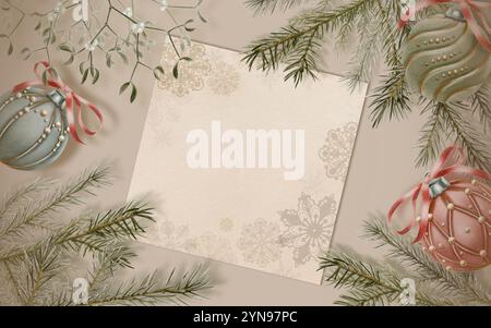 Vintage-Weihnachtsmocap-Vorlage-Karte mit Schneeflocken auf beigem Hintergrund mit samtigen Weihnachtsbaumkugeln mit Perlen, rotem Seidenband in einer Schleife und Stockfoto