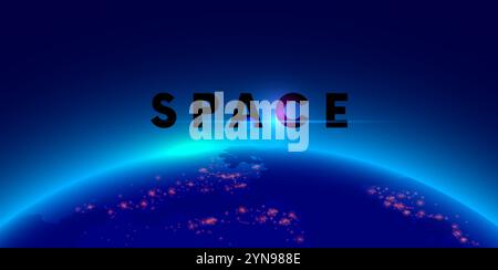 Blick aus der Umlaufbahn des Planeten Erde bei Nacht mit elektrischem Licht auf Städte. Planet Erde aus dem Weltraum. Blau glühende Atmosphäre der Erde bei Sonnenaufgang. Glühen Stock Vektor