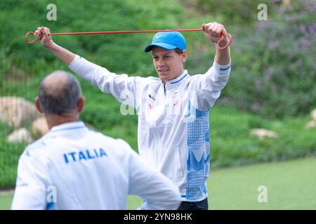 Malaga, Spanien. November 2024. MALAGA, SPANIEN - 24. NOVEMBER: Jannik Sinner of Italy im Finale zwischen Italien und den Niederlanden beim Davis Cup Finale im Palacio de Deportes Jose Maria Martin Carpena am 24. November 2024 in Malaga, Spanien. (Foto: Marleen Fouchier/BSR Agency) Credit: BSR Agency/Alamy Live News Stockfoto