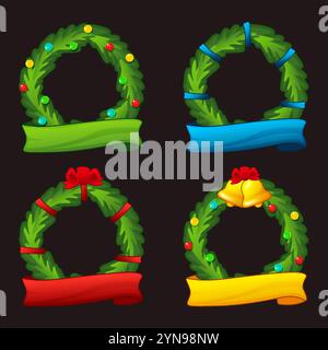 Set aus fröhlichen Weihnachtskränzen oder -Rahmen, Symbole mit farbigen Bändern für Ihre Symbole. Immergrüne Waldpflanzenzweige, die zu Kreisen für die Tür gewebt werden Stock Vektor