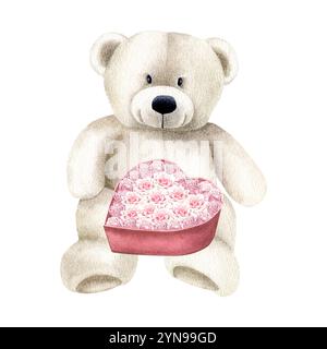 Weißer Teddybär mit herzförmiger Geschenkbox mit staubigen rosa Rosen. Hand gezeichnete Aquarellillustration des niedlichen Plüschspielzeugs auf isoliertem Hintergrund. Des Stockfoto