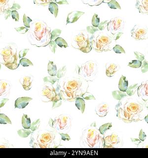 Nahtloses Muster von weißen Rosen Sträußen mit grünen Blättern in Sammlung Gartenblumen. Aquarellillustration für Blumenmuster von Stoffen, Küche Stockfoto