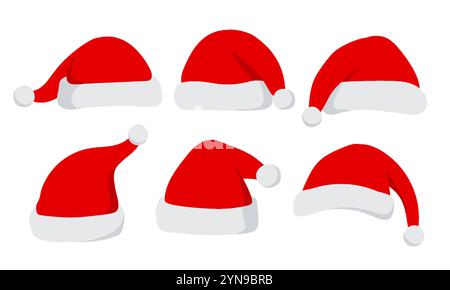 Set mit Weihnachtsmann-Hüten auf weißem Hintergrund. Weihnachtshüte isolierte Illustration. Stock Vektor