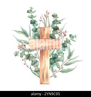 Holzkreuz mit grünen Zweigen der Eukalyptuspflanze und kleinen rosa Blütenzweigen. Christliche Religion Aquarell handgezeichnete Illustration für First Stockfoto