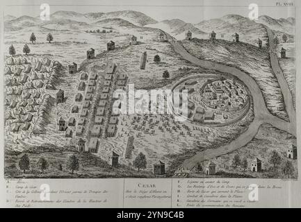 Gallische Kriege (58 v. Chr.–51 v. Chr.). Belagerung von Alesia, 52 v. Chr. Die klimaktische militärische Konfrontation der Gallischen Kriege fand um das gallische Oppidum (befestigte Siedlung) Alesiens im heutigen Frankreich statt, einem wichtigen Zentrum des Mandubier-Stammes. Julius Cäsars römische Armee kämpfte gegen einen bund vereinter gallischer Stämme unter der Führung von Vercingetorix von den Arverni. Es war die letzte große Schlacht zwischen Galliern und Römern und gilt als eine der größten militärischen Errungenschaften Cäsars. Die römische Armee baute zwei Linien von Befestigungen: Eine innere Mauer, um die belagerten Gallier zu halten, und ein o Stockfoto