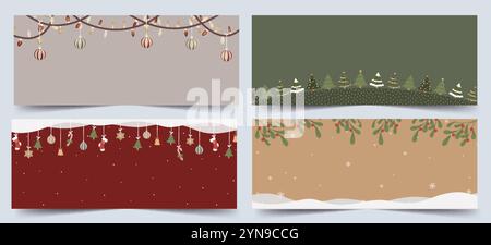 Weihnachtlicher Hintergrund mit festlichen Dekorationen und verschneiten Szenen. Vektorabbildung Stock Vektor