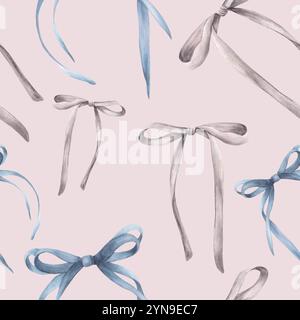 Nahtloses Muster mit Schleifen und Bändern in Aquarellfarben. Material im Mädchenstil. Mädchen süßes blaues, graues Haar Clipart für Tapeten, Paketdesign. Hand Stockfoto
