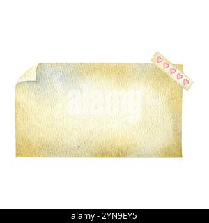 Vintage-Notizpapier mit gewellter Ecke und gerissenem Klebeband. Handgezeichnete Aquarellabbildung des alten Blattes für Text auf isoliertem Hintergrund. Perfekt Stockfoto