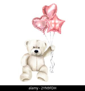 Sitzender weicher Teddybär mit Ballons. Handgezeichnete Aquarellillustration von Plüschspielzeug auf isoliertem Hintergrund. Niedliches Tier in Pastellfarbe für Baby-Sch Stockfoto