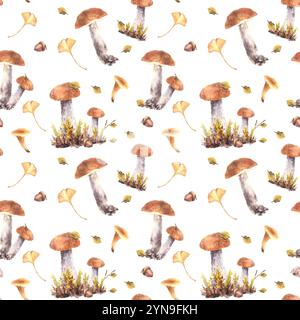 Nahtloses Muster für den Fall von Pilzen. Boletus orange Kappe mit Chanterelle, Moos, gelben grünen Blättern und brauner Eichel. Herbsternte. Handgezeichnetes Aquarell Stockfoto