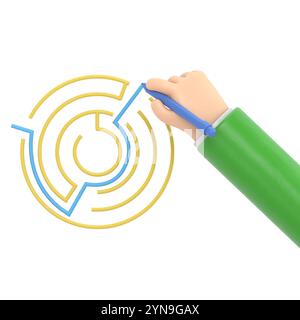 Finden Sie einen Ausweg. Verlassen Sie das Kreislabyrinth. Mann mit Stiftkabel Linie aus Labyrinth.3d Illustration flach Design. Erfolgreiche Lösung verwirrt das Geschäft. Verdünnt Stockfoto