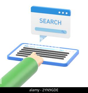 Mockup Des Symbols Für Zeichentrickgesten. Flache 3D-Isometrie Geschäftsmann Hand Verwenden Sie Tablet, um Suchbegriffe in der Suchmaschine zu suchen. Keyword Research und seo Concept.3D r Stockfoto