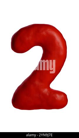 3D Red Nummer zwei mit realistischer Tonstruktur, die handgefertigtes Plastilin-Design nachahmt. Ziffer 2 isoliert auf weißem Hintergrund, ideal für kreative Zwecke Stockfoto